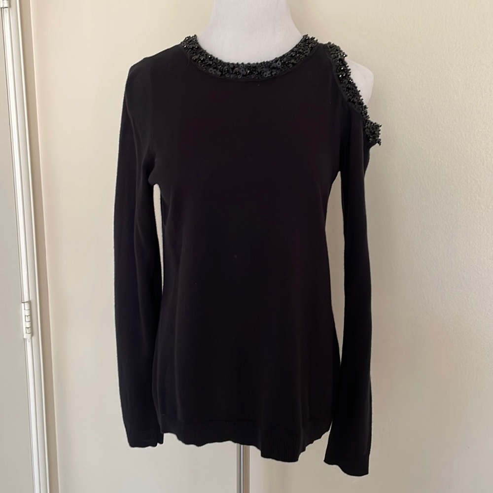 Vince Camuto Black Cold Shoulder Sequin Knit Top M Medium